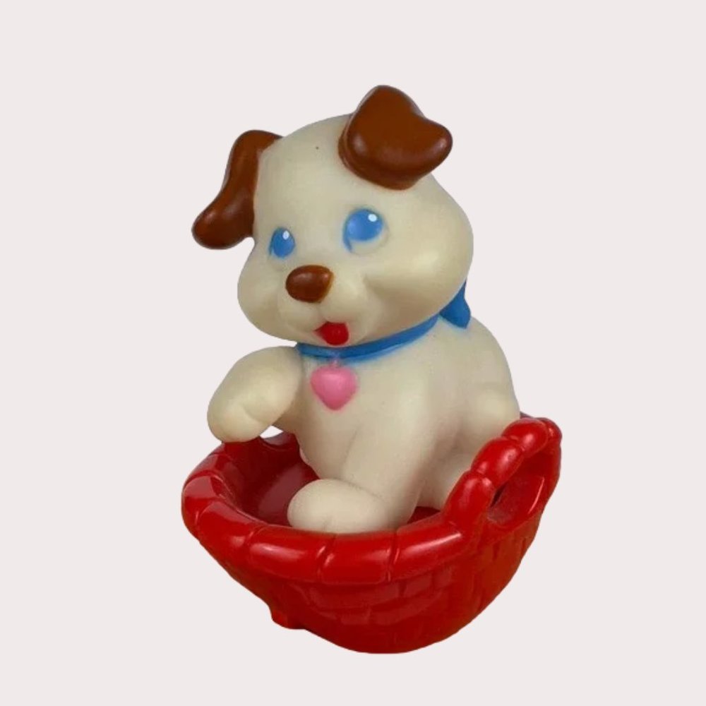 Vintage Shelcore 1993 Rocking Puppy Dog in Red Basket with Sound Baby Toy